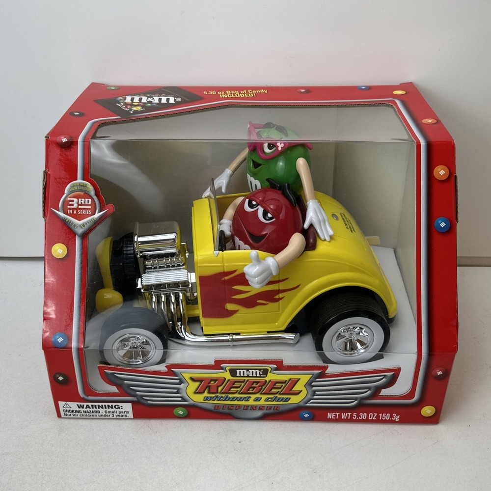 M&M's Rebel Without A Clue Candy Dispenser Yellow Car Red & Green Collection New